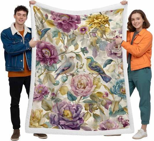 Spring Flowers Throw Blanket Vintage Pink Purple Flower Bird Waterproof Leaf Super Soft Warm Flannel Fleece Blanket - Lightweight&Breathable for Bed Sofa Couch Camping Chair 39"x49"