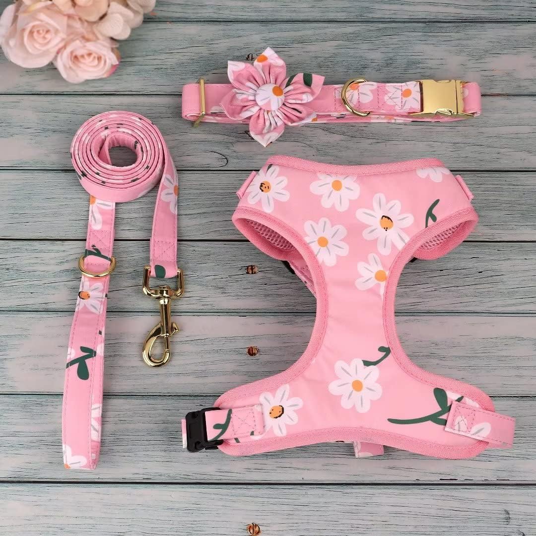 Cute Dog Collars,Harnesses,Leashes Set, Floral Pattern, Pink-1,S
