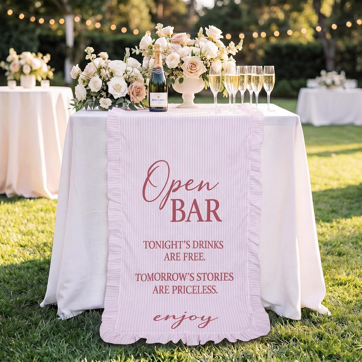 Fabric Wedding Bar Sign Ruffle Wedding Open Bar Table Decor, Pink