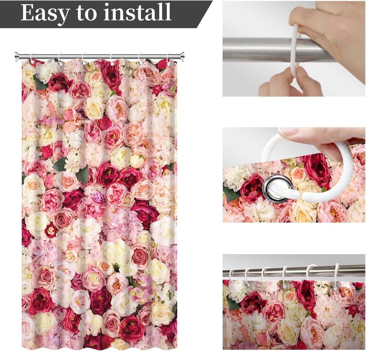 Floral Shower Curtain Red and Pink Rose Flowers Vivid Bright Spring Wedding Beautiful Women Bath Curtain Waterproof Polyester Fabric Bathroom Decor Set with Hooks 36x72inch