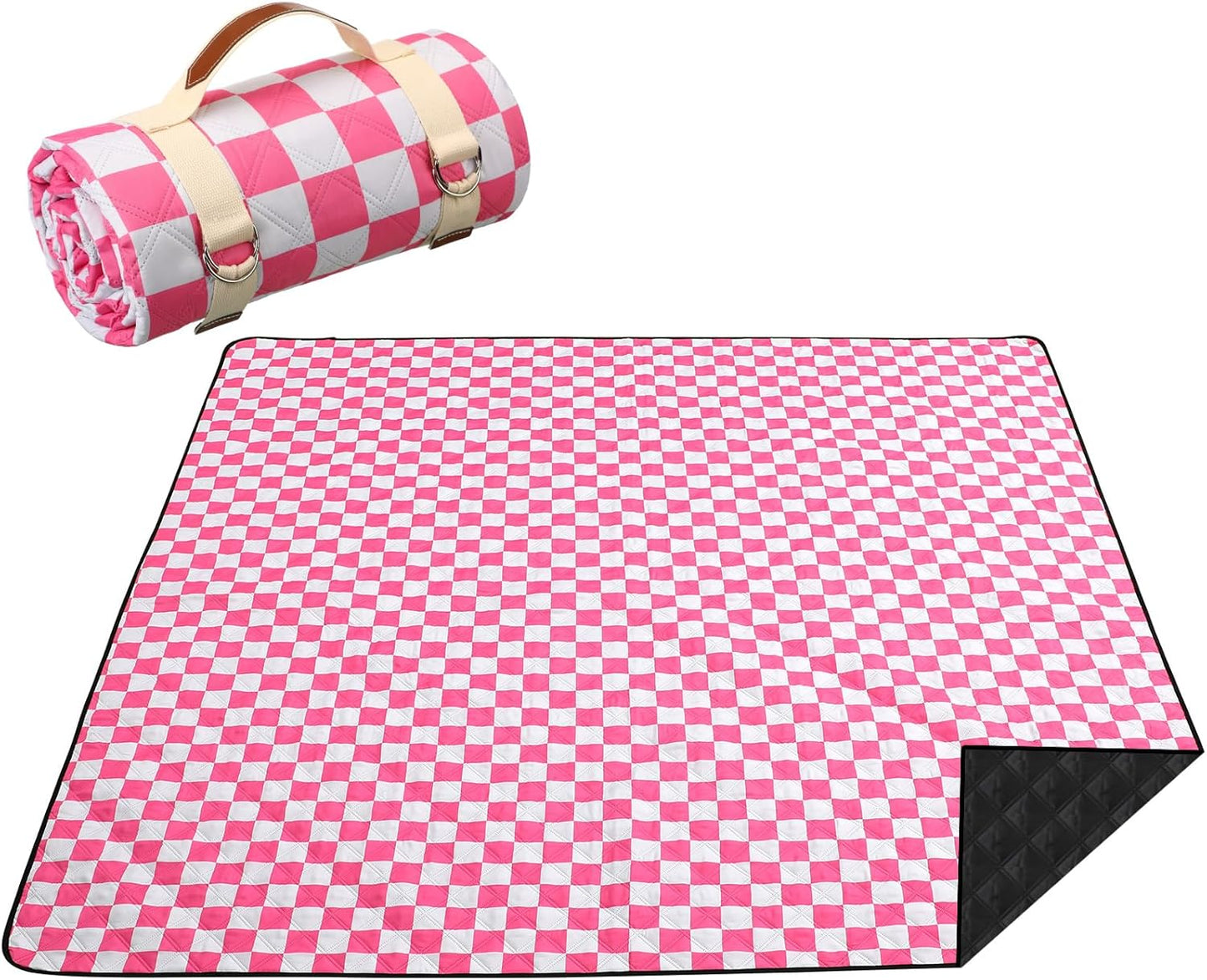 Checkered Picnic Blanket Extra Large Outdoor Blanket Sandproof 80"x80" Waterproof Portable Machine Washable 3 Layer Thick Gingham Picnic Mat for Beach Camping Park Grass Travel(Bright Pink)