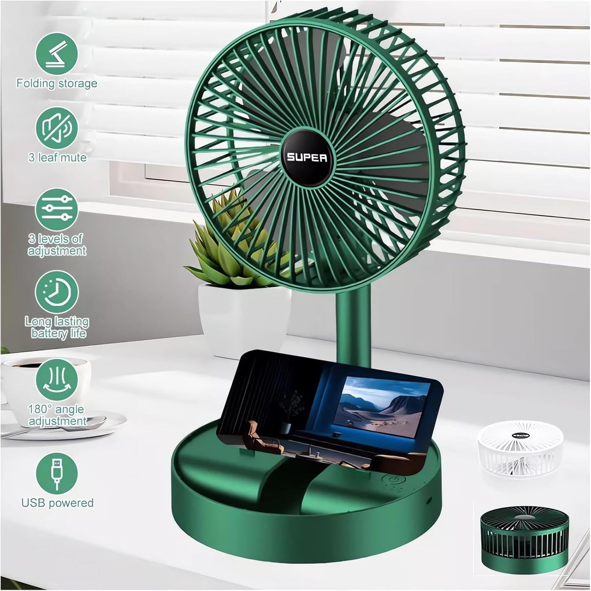 Telescopic Folding Fan - 2024 New Portable USB Rechargeable Collapsible Desk Fan for Travel, Silent Stand up Fan Wireless Folding Oscillating Compact Floor Standing Fans for Dorm & Bedroom (PINK)