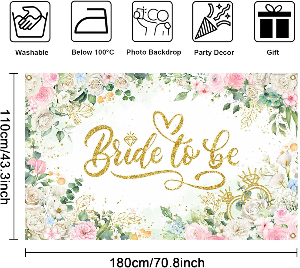 Bride to Be Banner Floral Bridal Shower Party Backdrop Spring Flowers Wedding Party Decorations Pink for Engagement Background for Photography (Pink and Gold, 70.8 x 43.3 Inch)