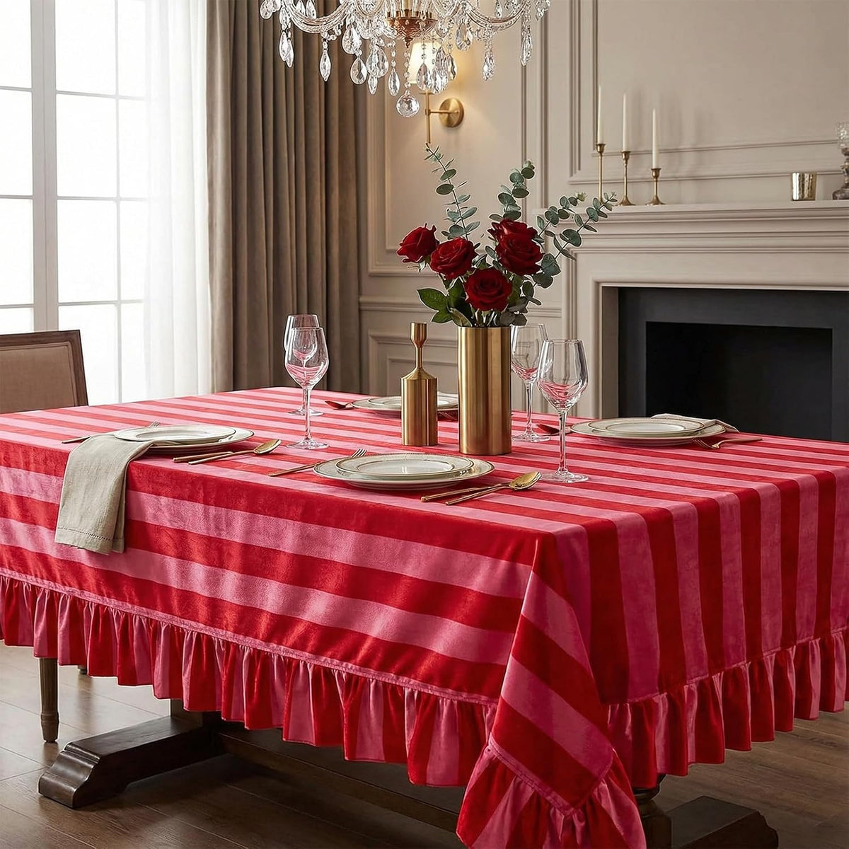 Rectangle Ruffle Tablecloth Velvet Pink Red Striped Table Cloth Boho Decorative Table Cover for Home Baby Shower Wedding Birthday Party Decoration, 55 x 70 Inches