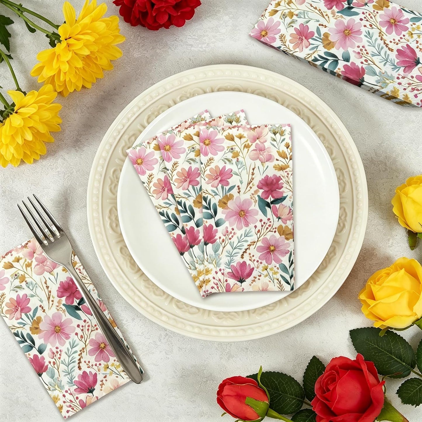 Ottin Pink Floral Paper Napkins, 60pcs, 3-Ply Disposable Decorative Guest Towels Flower Design for Indoor & Outdoor Spring Party, Wedding, Bridal Shower, Engagement, Birthday Party & Bathroom
