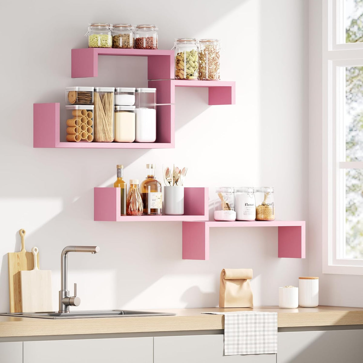 Pink Floating Shelves, Set of 5 Solid Wood Wall Mounted Shelves