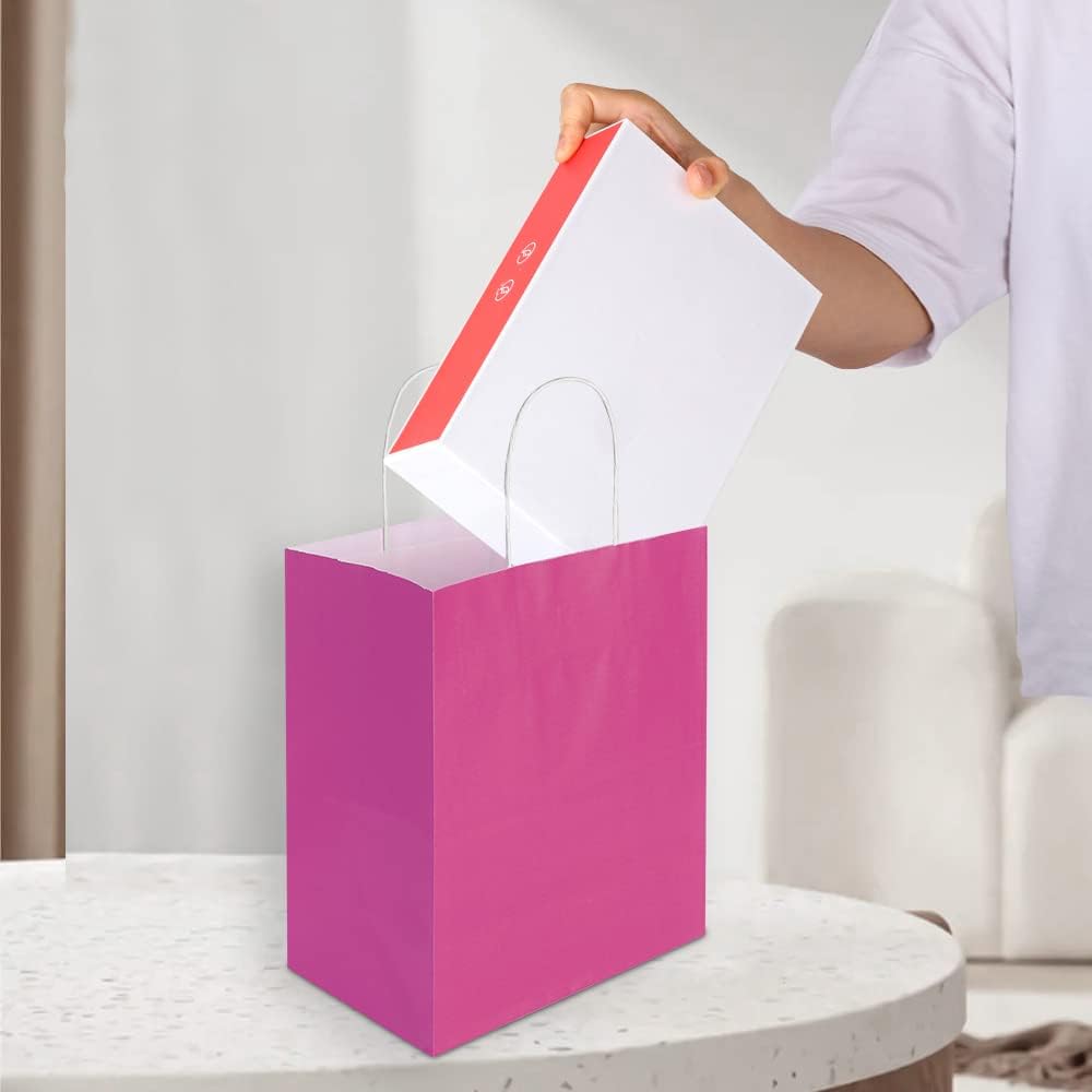 50 Pack 8x4.75x10 Inch Medium Hot Pink Kraft Paper Bags with Handles Bulk for Birthday Wedding Party Favors Grocery Retail Shopping Business Goody Craft Gift Bags Sacks (Fuchsia 50pcs Count)