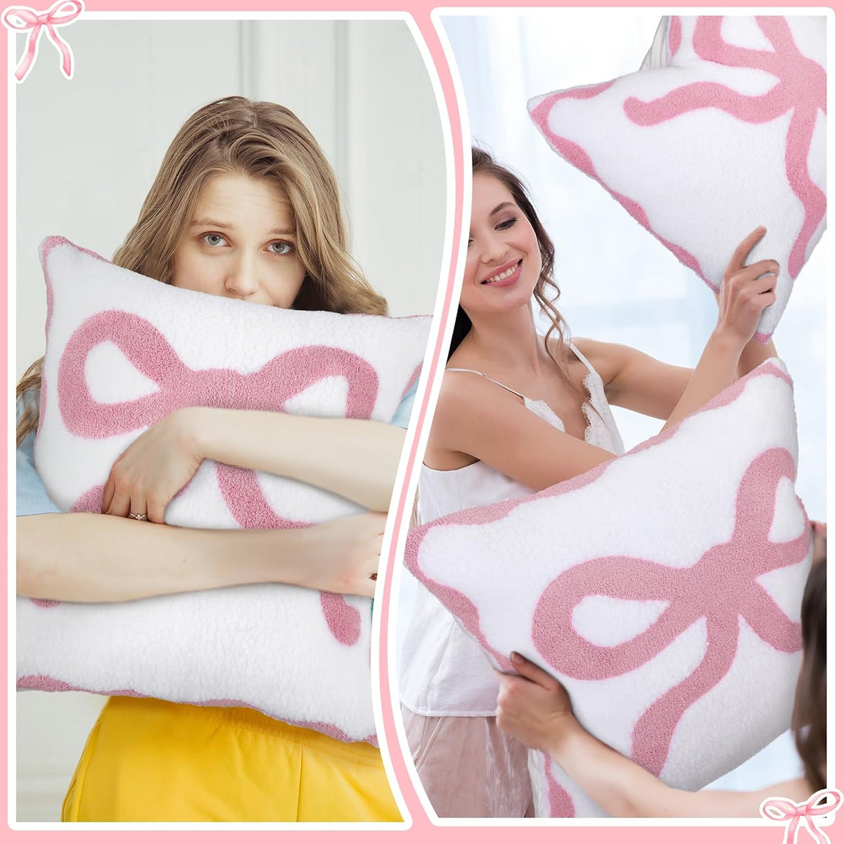 Pink Bow Pillow Covers Set of 2 Preppy Room Decor Coquette Bow Embroidered Pillow Covers Luxury Soft Pink Throw Pillowcases for Couch Sofa Bedroom Aesthetic Decor, 18x18 Inch