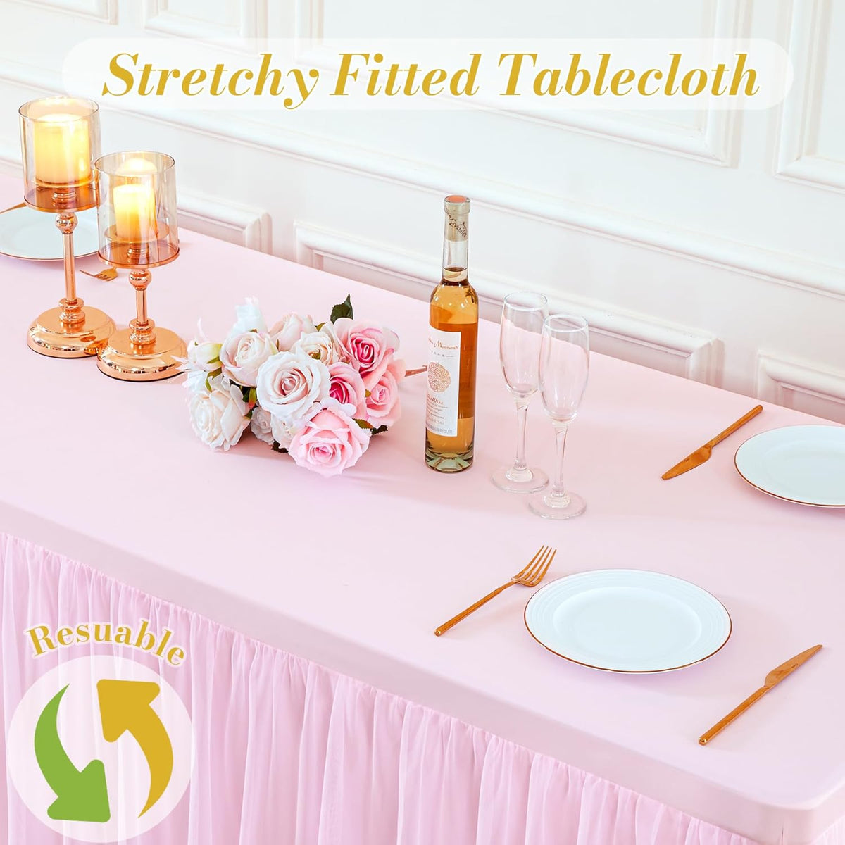 2 Pack Pink Table Cloth for 6 Foot Rectangle Tables, Pink Stretch Fitted Tulle Table Covers Skirt, Rectangular Ruffle Tutu Tablecloth Wedding Banquet Baby Shower Cake Tablecloths Decorations