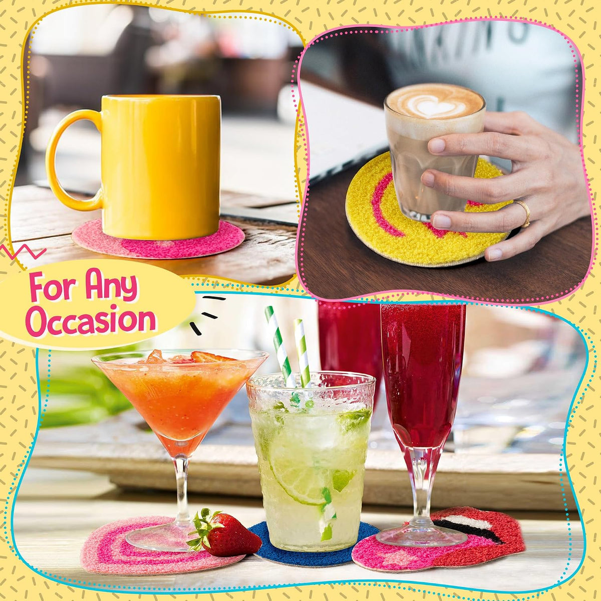 5Pcs Preppy Boho Tufted Coasters Smile Evil Eye Lip Love Yin-yang Drink Coasters Pink Yellow Y2K Pastel Rug Cup Mat Pad for Kitchen Desk Home Coffee Table Accessories Birthday Housewarming Gift