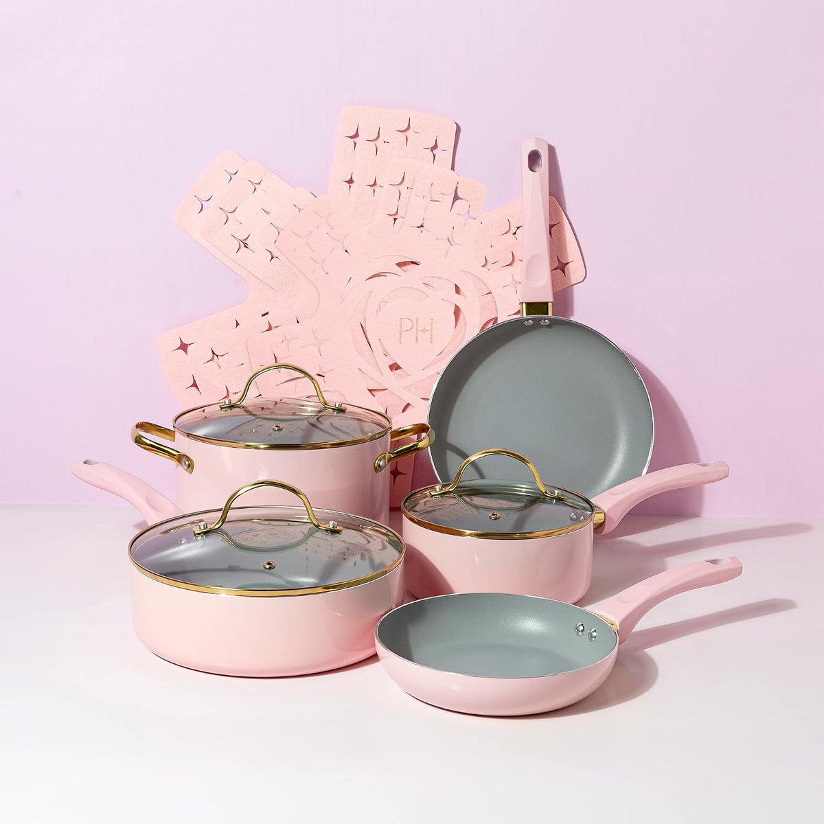 Paris Hilton Epic Nonstick Pots and Pans Set, Multi-layer Nonstick Coating, Tempered Glass Lids, Soft Touch, Stay Cool Handles, Made without PFOA, Dishwasher Safe Cookware Set, 12-Piece, Pink
