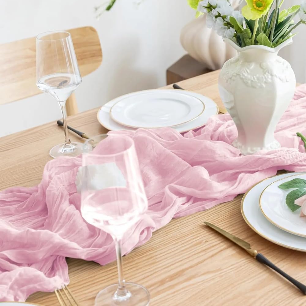 2 Pack Light Pink Cheesecloth Table Runner 35x120 Inch 10Ft Boho Gauze Fabric Table Runner Rustic Sheer Runner for Wedding Birthday Baby Shower Party Boho Table Decoration(Light Pink, 2 Pack)
