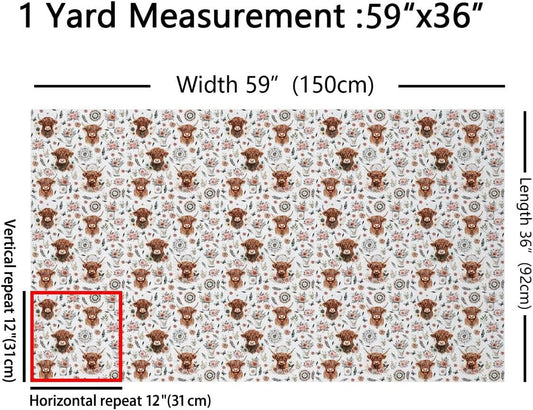 Highland Cow Fabric by The Yard Retro Pink Rose Mandala Fabrics for Sewing Supplies Boho Feather Animal Butterfly Fabric DIY Soft Polyester No Stretch 1 Yard,36" L x 59" W