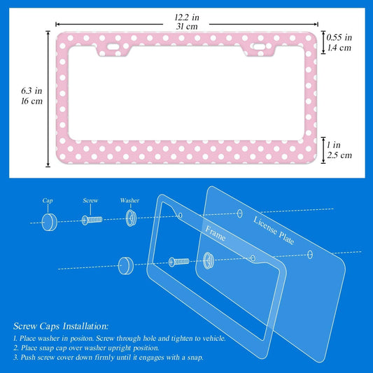 Pink Polka Dot License Plate Frame, 2 Pcs Classic White Dots Pattern Decorative Car Tag Holder, Cute Retro Style Metal Plate Covers for Women Girls with Car Door Handle Bow Films