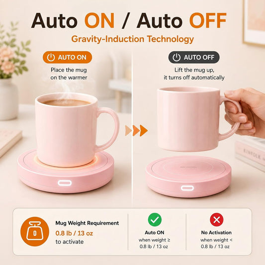 Smart Coffee Warmer, Auto On/Off Gravity-Induction Mug Warmer for Office Desk Use, Candle Wax Cup Warmer Heating Plate (Up to 131F/55C) (Pink)