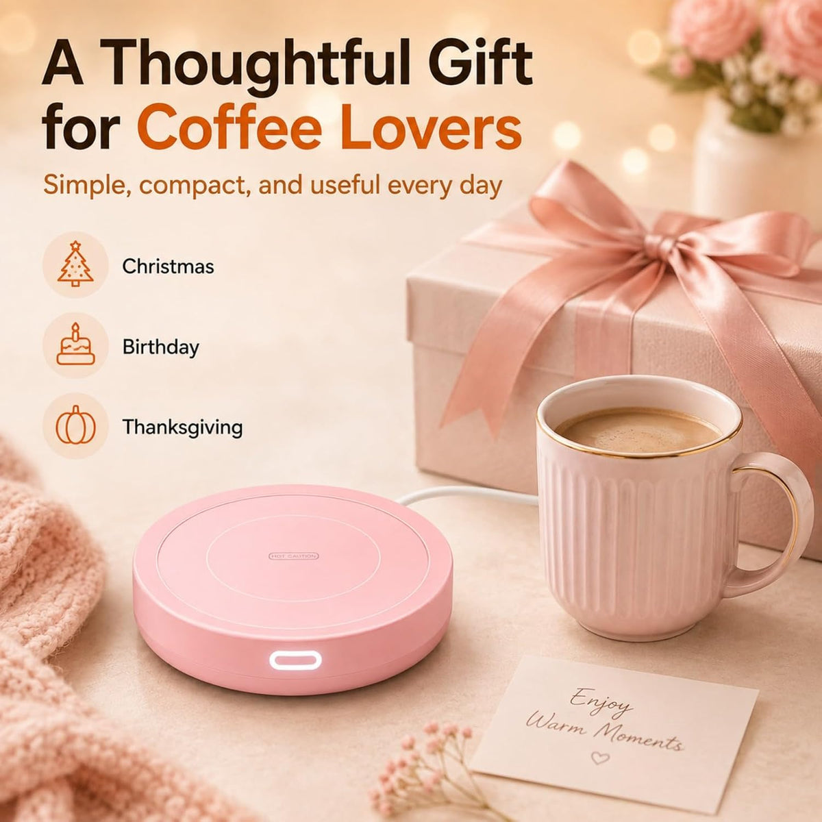 Smart Coffee Warmer, Auto On/Off Gravity-Induction Mug Warmer for Office Desk Use, Candle Wax Cup Warmer Heating Plate (Up to 131F/55C) (Pink)