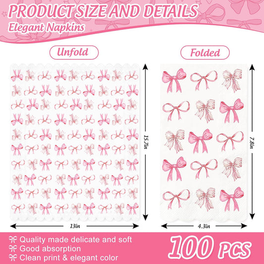 JarThenaAMCS 100Pcs Pink Bow Guest Napkins Watercolor Coquette Bow Disposable Paper Napkins Scalloped Edge Dinner Hand Napkin for Wedding Birthday Party Supplies