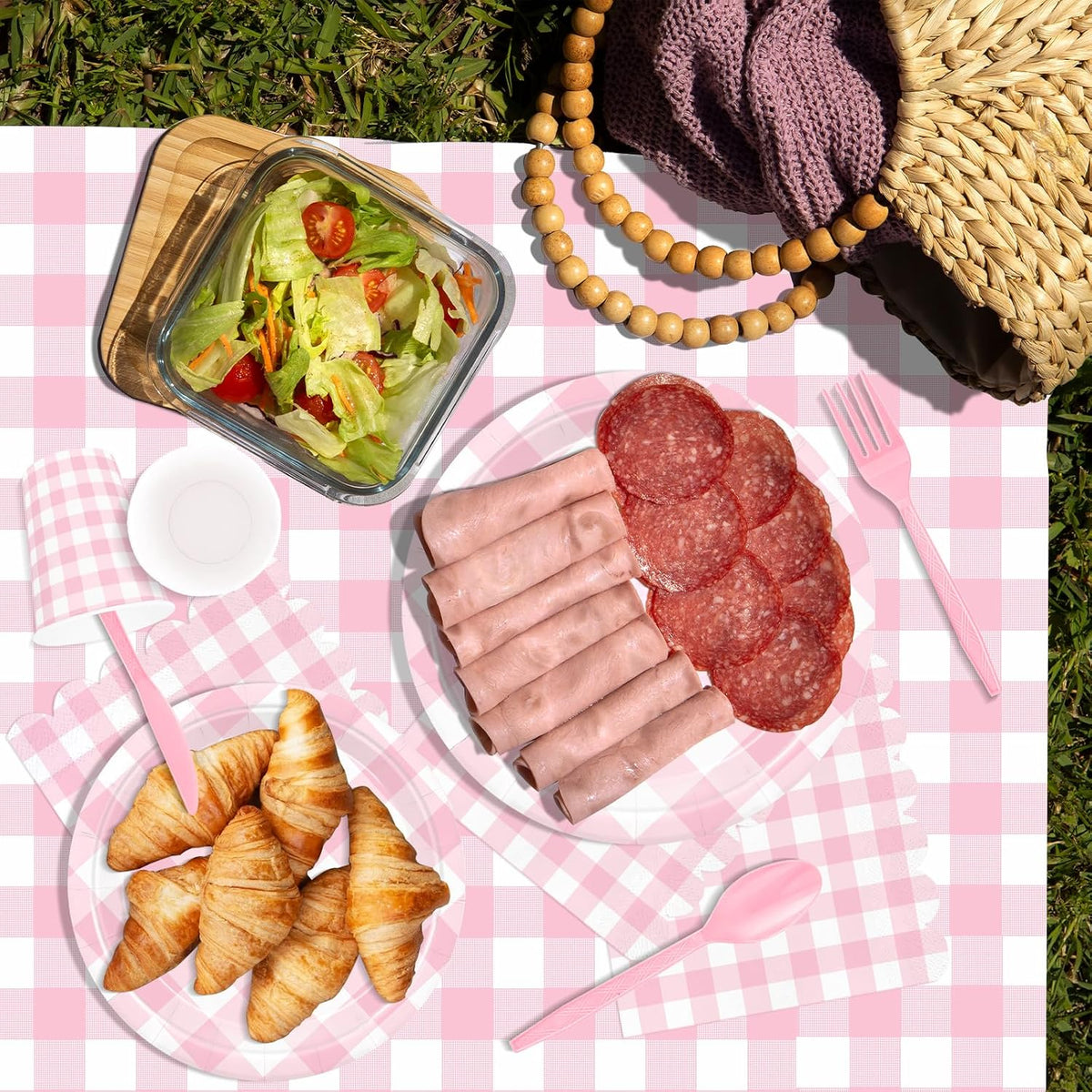 176 PCS Light Pink Gingham Round Plates and Napkins, Pink Checkered Disposable Plates Set with Napkins Cups Plastic Spoons Forks Knives for Dinner Birthday Baby Shower Wedding Supplies Serve 25 Guests