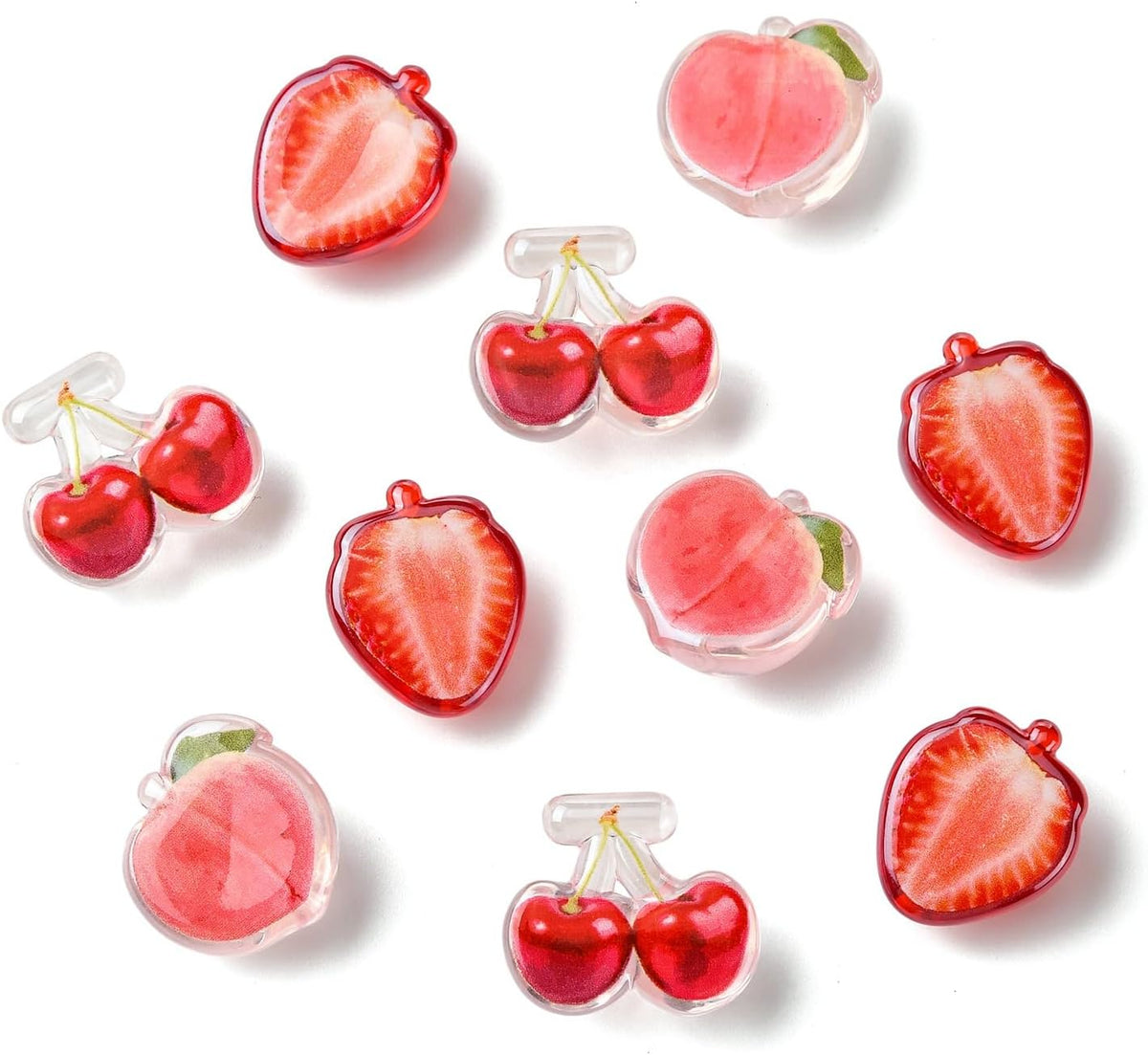 Stiesy Red Fruit Beads 30Pcs, 3 Styles Strawberry Cherry Peach Shape Transparent Acrylic DIY Craft Beads Bulk for Summer Theme Jewelry Making Keychain Craft Supplies