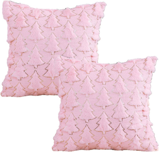 Christmas Pink Throw Pillow Covers 18x18 Set of 2 Embroidered Decorative Xmas Cushion Cases Holiday Soft Home Decor for Bedroom Sofa Chair Porch Winter