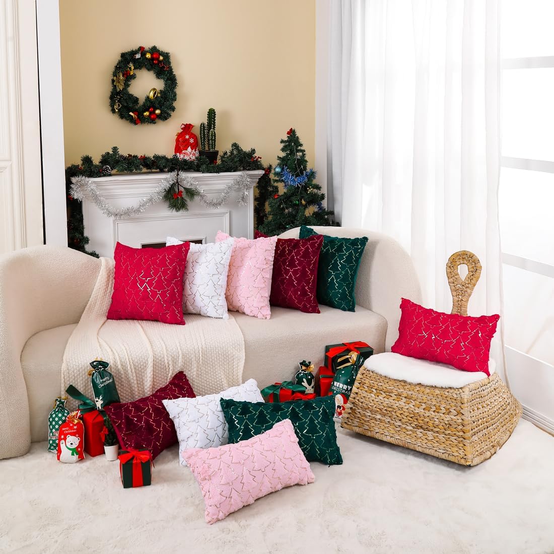 Christmas Pink Throw Pillow Covers 18x18 Set of 2 Embroidered Decorative Xmas Cushion Cases Holiday Soft Home Decor for Bedroom Sofa Chair Porch Winter