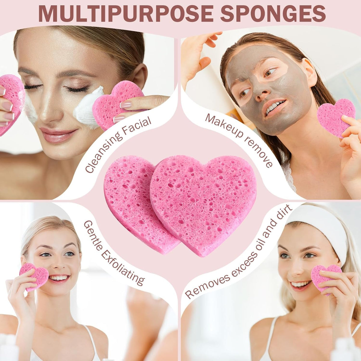 300 Count Compressed Facial Sponges Heart Shape Face Sponges for Cleansing Natural Facial Exfoliating Pads for Estheticians(Pink)