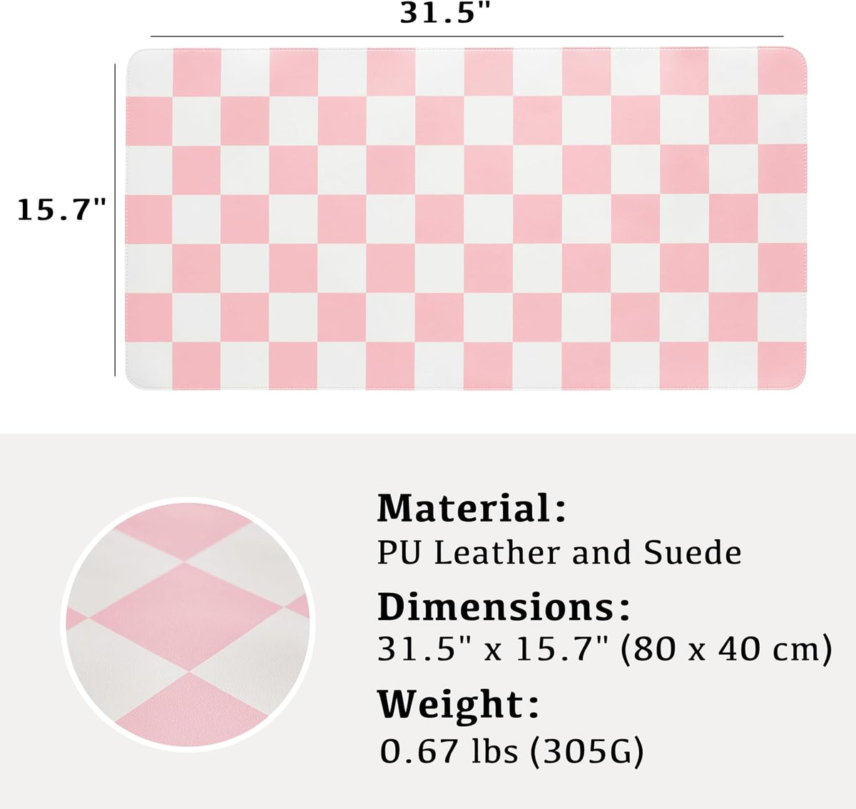 Checkered Desk Mat, 31.5" x 15.7" Large Cute Pink Aesthetic Girl Women Accessories, PU Leather Computer Laptop Desk Mat, Mouse Keyboard Pad, Desk Writing Makeup Mat for Vanity Work/Home Decor