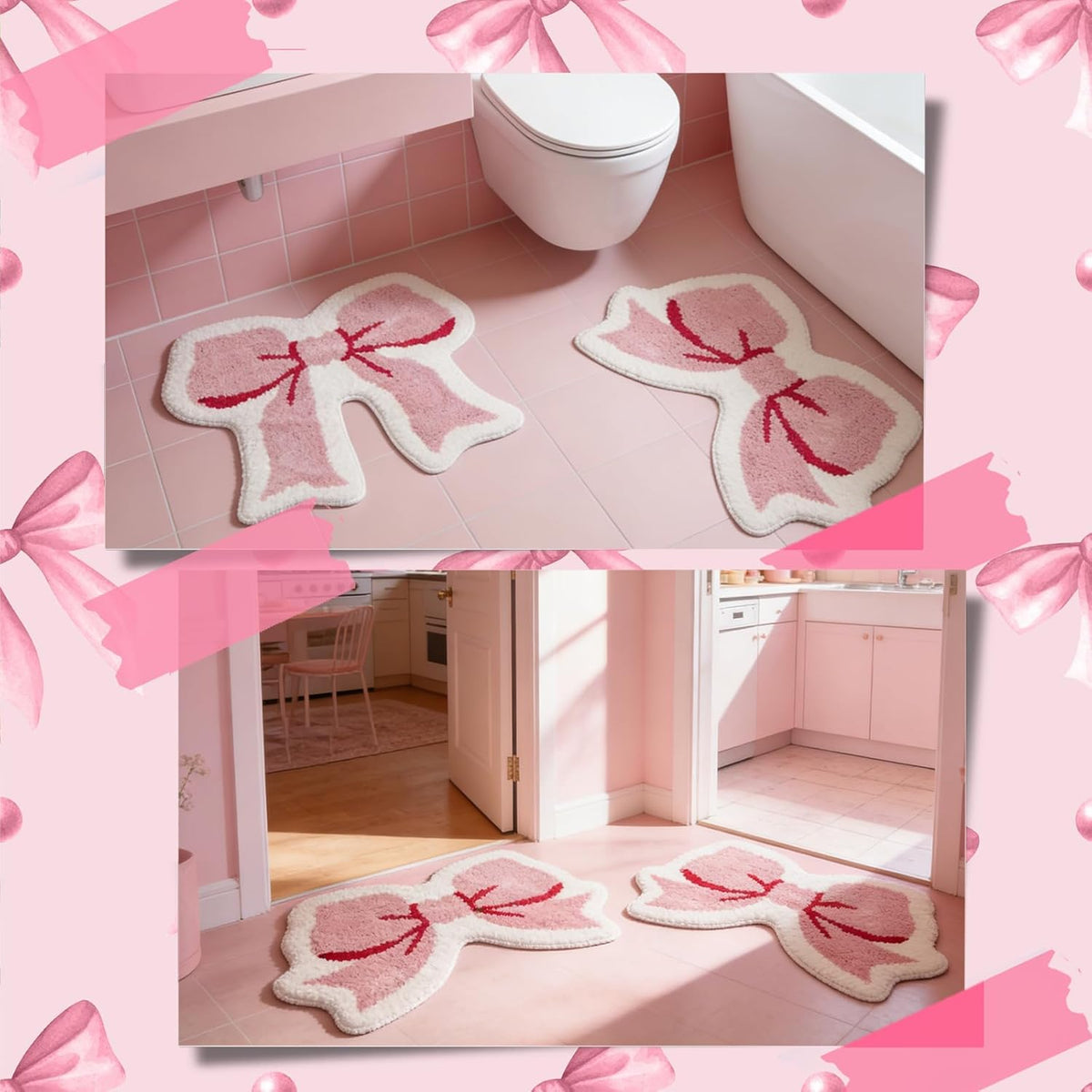 2 Pcs Pink Bow Bathroom Rugs Coquette Rug Cute Non Slip Washable Bath Mats Fluffy Plush Soft Absorbent Shower Rugs Aesthetic Bow Carpet for Bathroom Tub Bedroom Living Room Decor