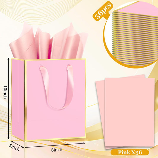 Epoesch 36Pcs Premium Gift Bags with Handles & Tissue Paper – 8"x5"x10" Pink with Gold Edge –Thank You Bags for Birthdays Party, Baby Showers, Wedding, Welcome Gift, Business