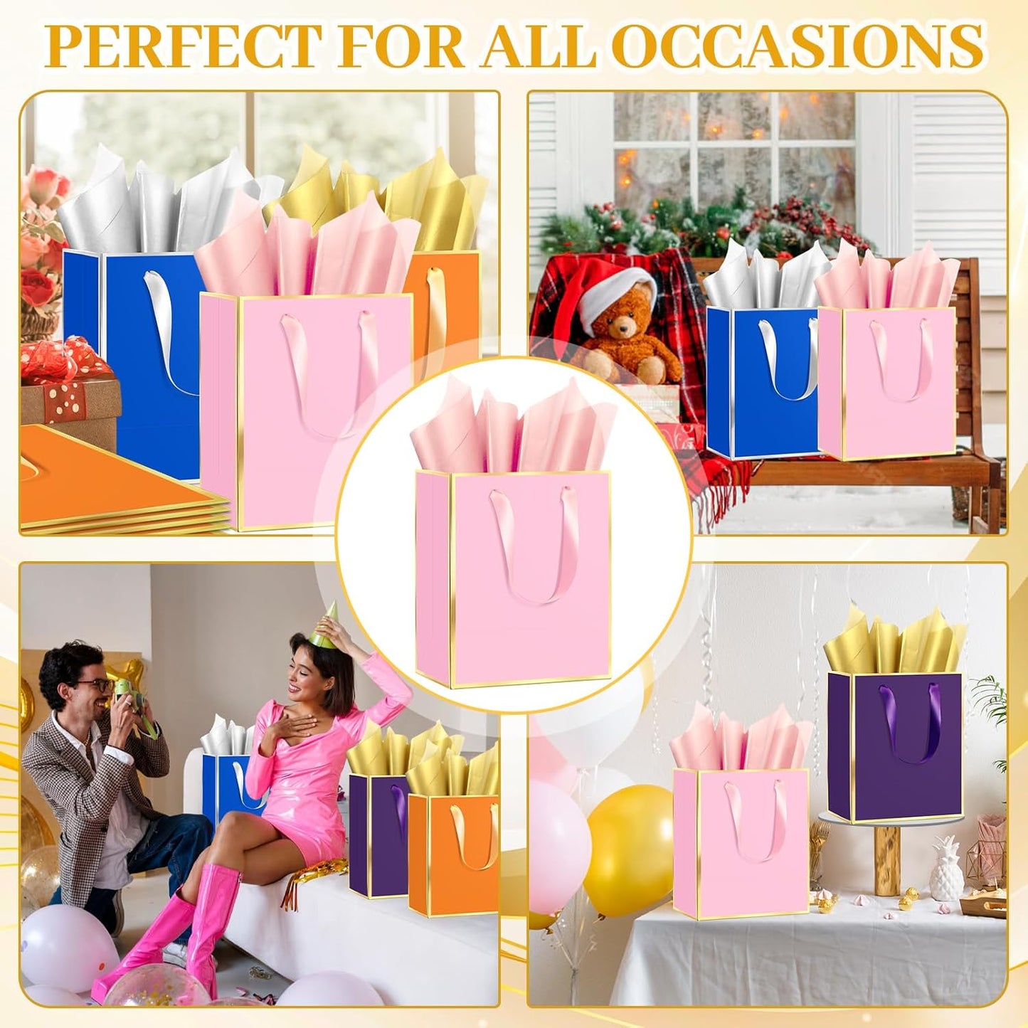 Epoesch 36Pcs Premium Gift Bags with Handles & Tissue Paper – 8"x5"x10" Pink with Gold Edge –Thank You Bags for Birthdays Party, Baby Showers, Wedding, Welcome Gift, Business