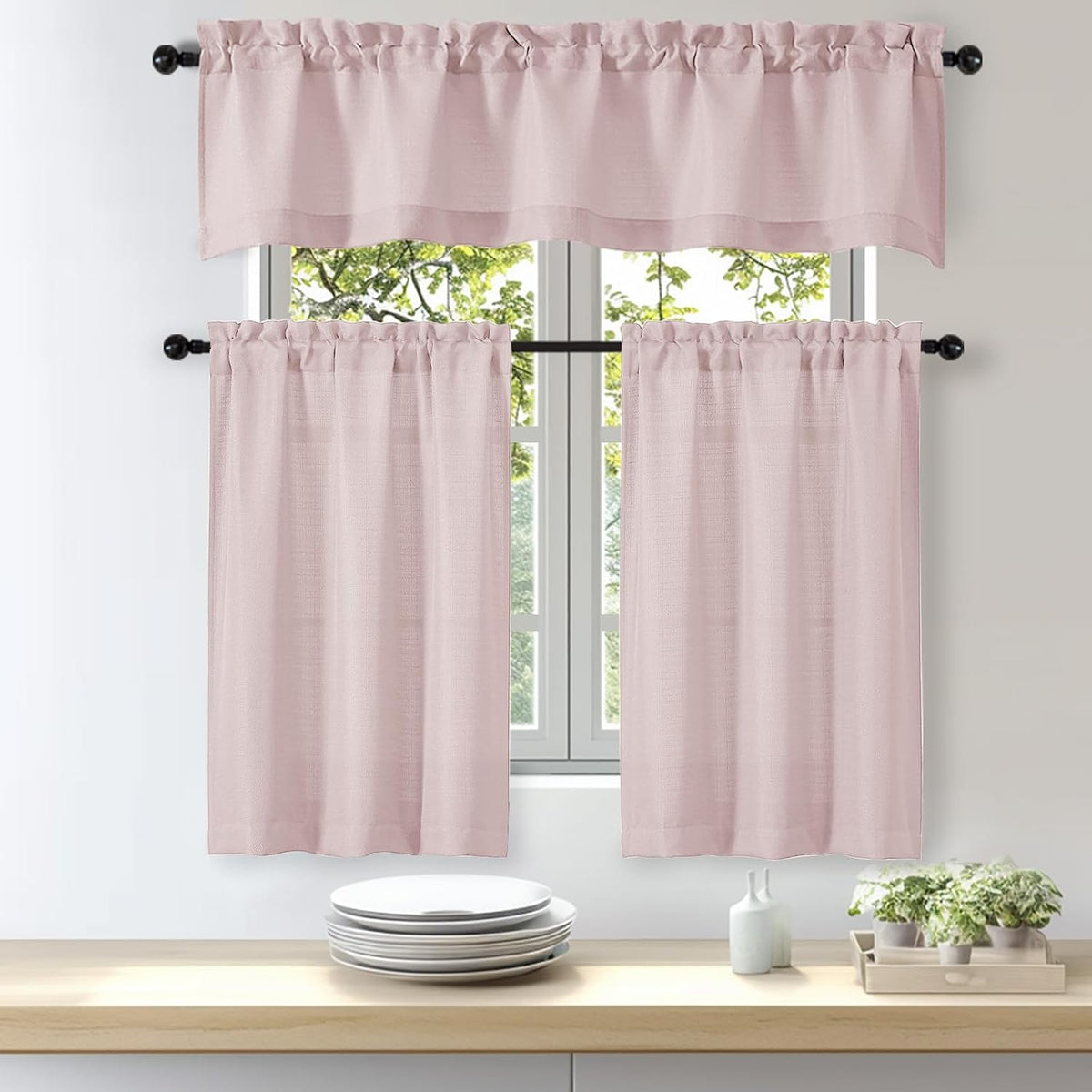 Bob Valance Curtains 18 Inch Length 1 Piece, Faux Linen Slub Solid Blush Kitchen Valance for Bedroom Living Room, Farmhouse Soft Airy Rod Pocket Small Window Curtain, Each 60Wx18L Inch