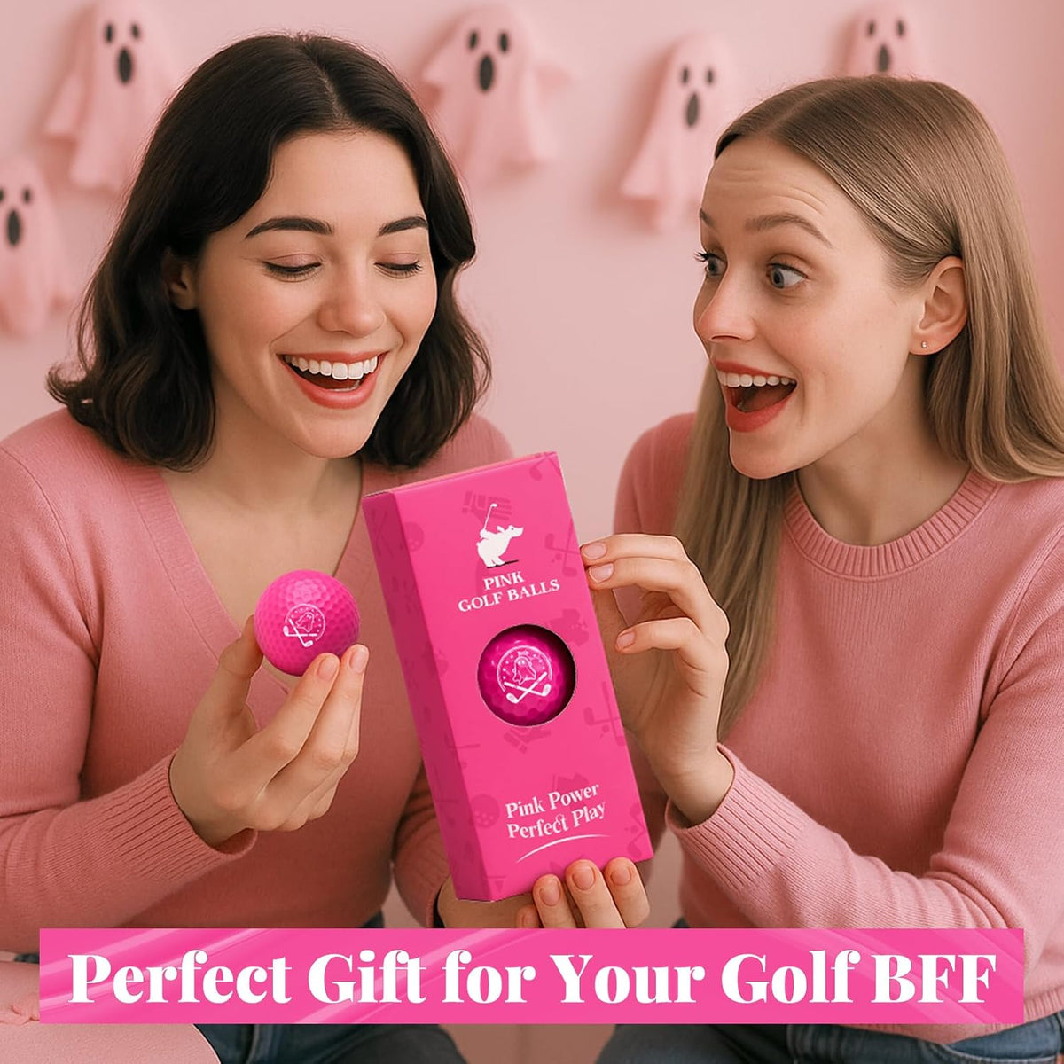 Ghost Pink Funny Golf Balls for Women – Shocked Emoji Face, High-Visibility Pink, Sleeve of 3 Novelty Practice Balls, Cute Golf Gift for Her, Ladies & Girls
