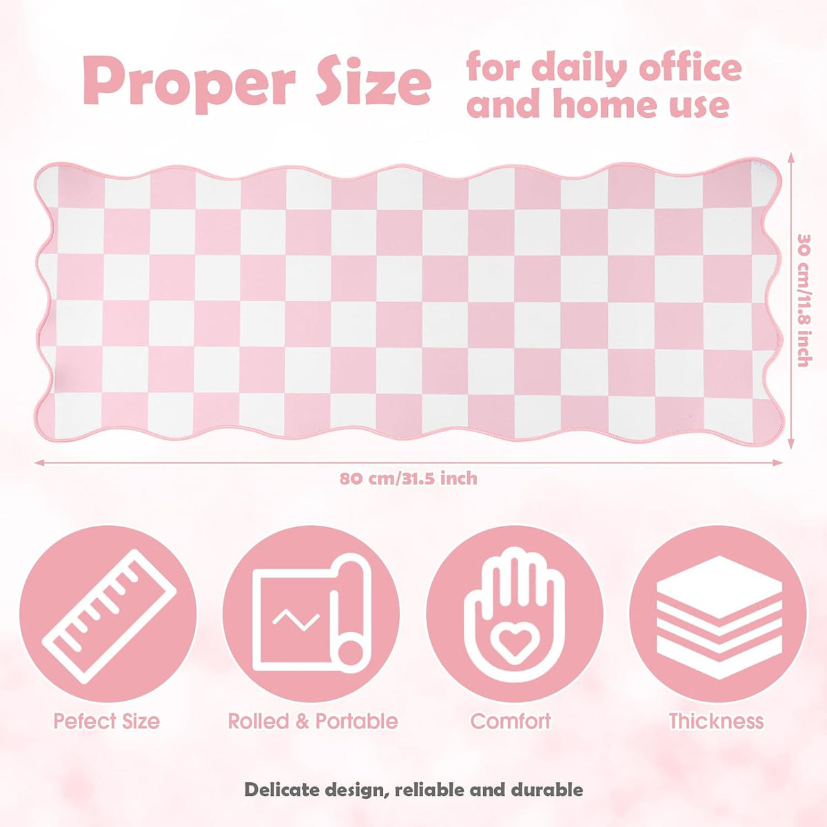 1 Pcs Pink Scalloped Checkered Desk Mat 31.5 x 11.8 Inch Large Cute Mouse Pad Computer Mat Non Slip Waterproof Rubber Base with Border Stitching Soft Keyboard Pad for Home Office Gaming Makeup