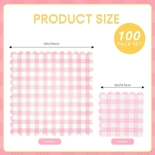 100 Pcs Pink Gingham Napkins, 5 x 5 Inches Scalloped Napkins, Disposable Cocktail Napkins For Wedding Birthday Party Baby Shower Picnic