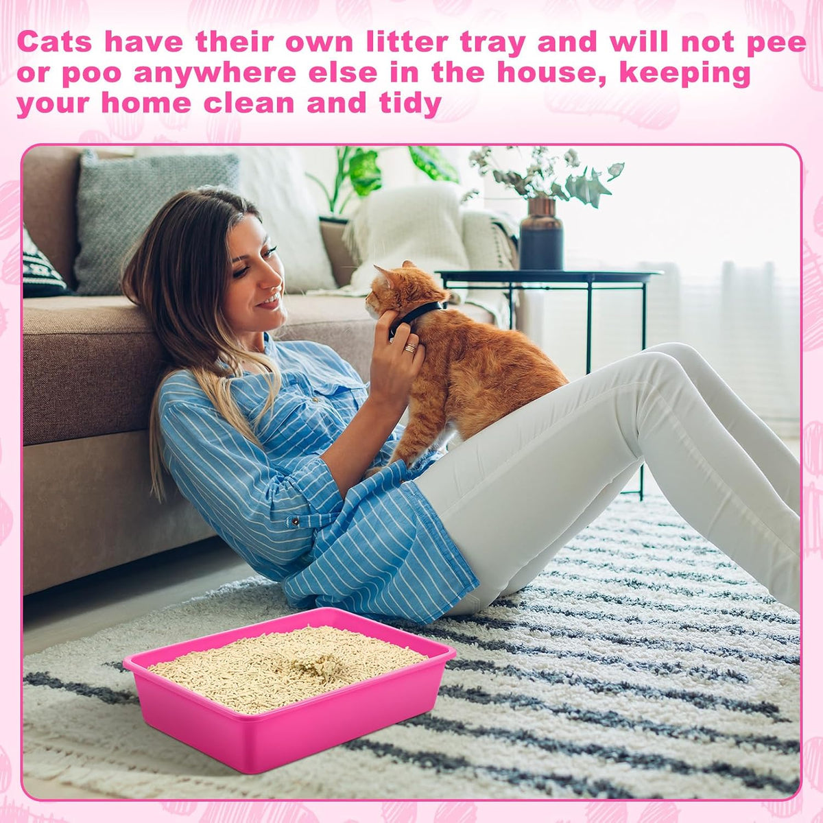 5 Pcs Open Cat Litter Box Kitten Litter Pan with 5 Scooper Medium Plastic Pet Tray Durable Nonstick Kitten Box for Indoor Pets Cats Rabbit Supply Easy to Clean, 14.6x10.6x3.4 Inch (Pink)