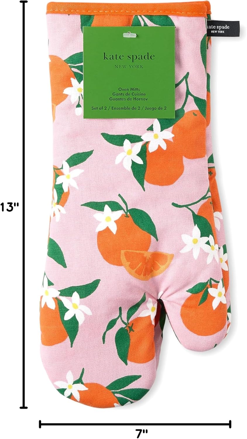 Squeeze The Day Oven Mitt 2-Pack Set, Heat Resistant, 100% Cotton, Orange/Pink, 7"x13"