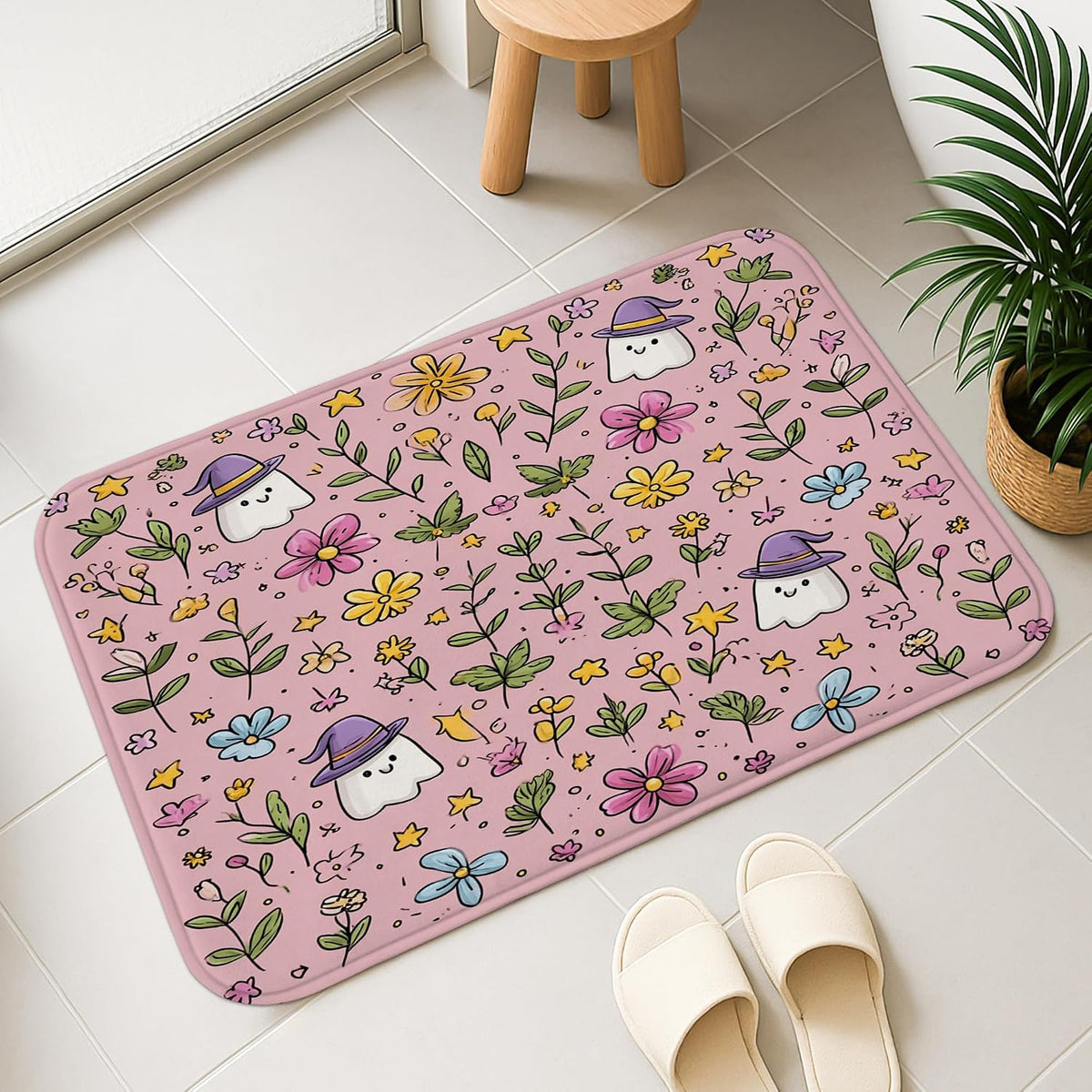 Floral Quick Dry Bath Mat, Cute Peach Flowers Pattern Absorbent Non Slip Shower Mat, Spring Memory Foam Washable Bath Rugs for Bathroom Decorative 20x32 Inch