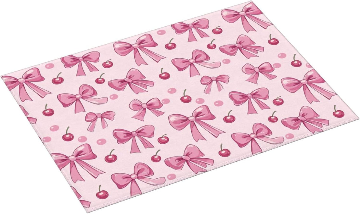 Dish Drying Mat for Kitchen Pink Bow Pattern Cherry Counter Absorbent Dishes Drainer Microfiber Large 18x24 Inch