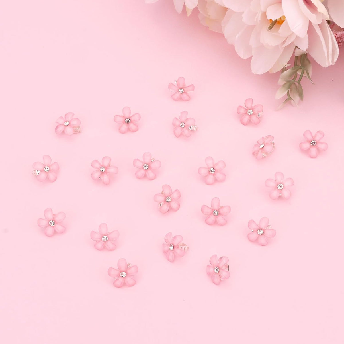 Mini Pink Flower Hair Accessories - 20Pcs Rhinestone Decorative Barrettes, Pins and Clips for Girls, Women, Weddings and Bridal Occasions