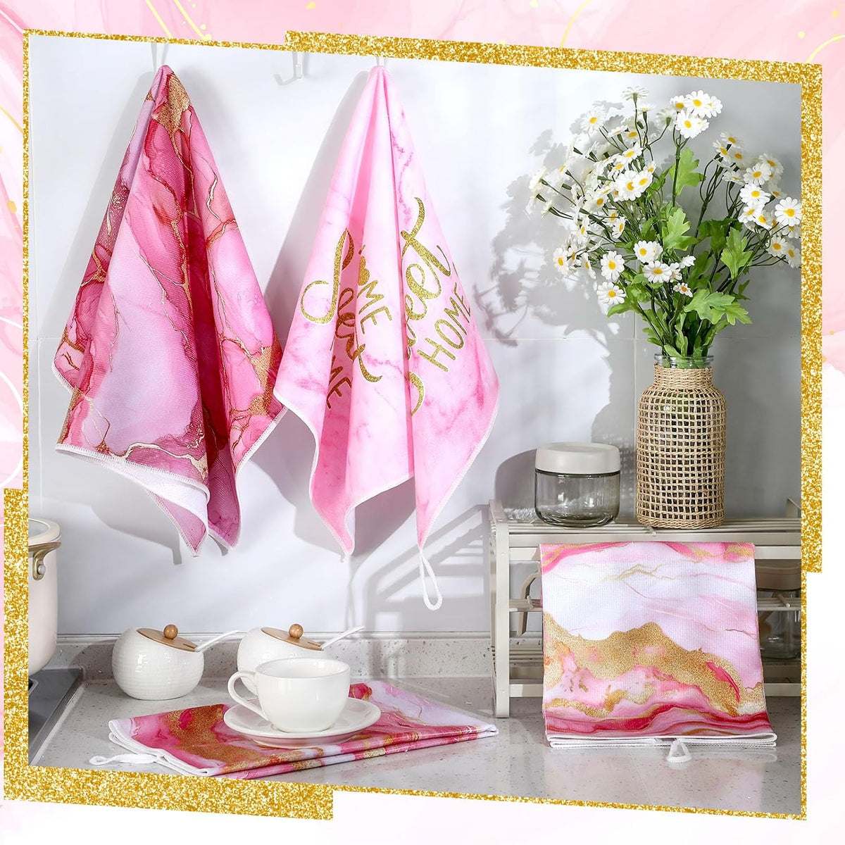 4 Pcs Pink and Gold Kitchen Dish Towels Marble Bathroom Hand Towels
