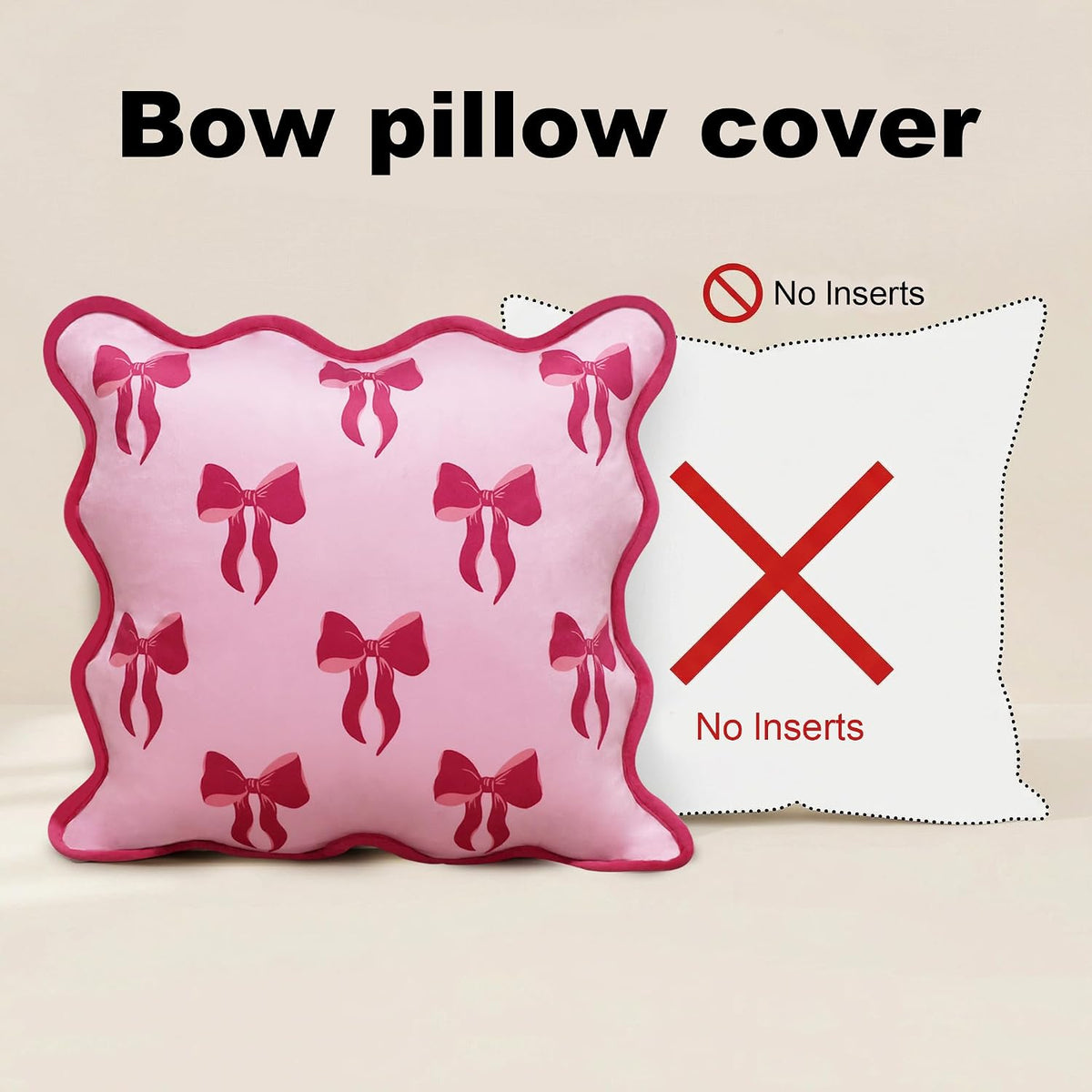 Pack of 2 18x18 Inch Pink Bow Pillow Covers with Scalloped Edge