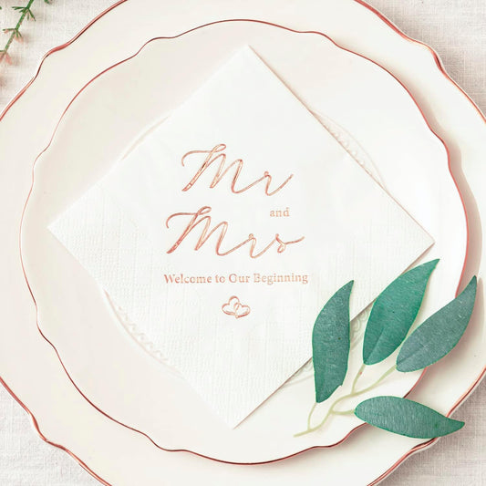 Crisky 3-Ply Rose Gold Foil Mr and Mrs Wedding Cocktail Napkins 100 Counts for Wedding Party Reception Dessert Cake Table Decorations Welcome to Our Beginning Disposable Napkins