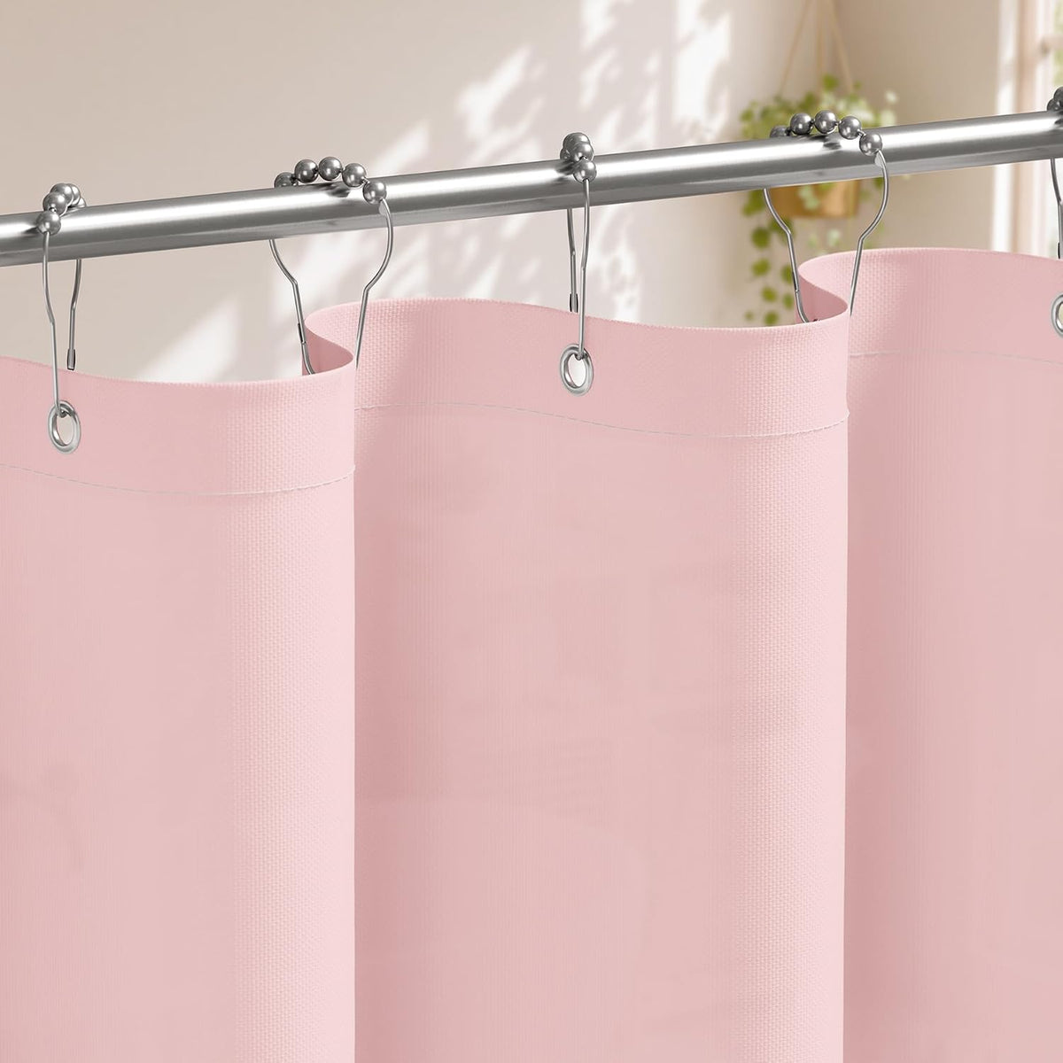 Pink Scalloped Shower Curtain with 12 Metal Hooks, Cute Heavy Duty Washable Curtains for Bathroom Hotel Bathtub, Water Repellent, 72 x 72 Inches