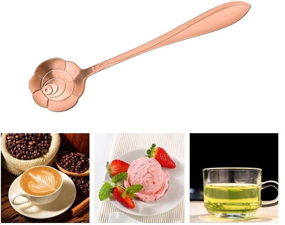 20-Piece Stainless Steel Rose Flower Coffee & Dessert Spoon Set - Sugar, Ice Cream, Stirring & Tea Spoon - Rose Gold