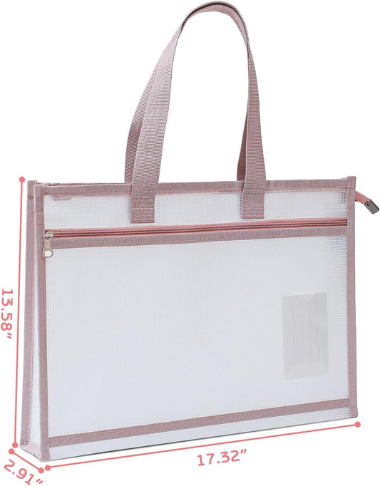Project Bags for Quilting, A3 Size Portable Sewing Craft Bag with Handle, 17.3 x 13.6 in Waterproof Clear Zipper Pouch Bags for Knitting and Artworks Supplies (Pink)