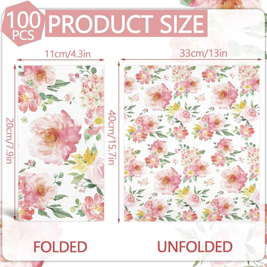 IANFEPH 100PCS Floral Napkins Watercolor Flower Disposable 3 Ply Decorative Paper Hand Towels for Bathroom Pink Guest Napkins for Wedding Bridal Baby Shower Tea Party Birthday