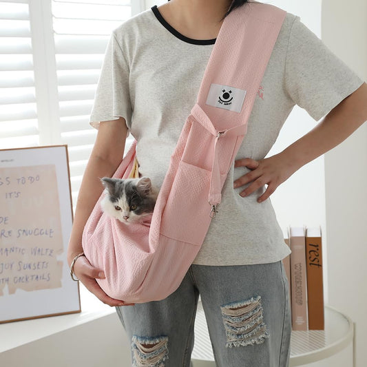 Pet cat Sling Carrier, Cat Travel Bag, Pet Soft Pouch and Tote Design, Shoulder Strap Hands Free Safe-Suitable for Puppy, Small Dogs Cats Outdoor (Pink)