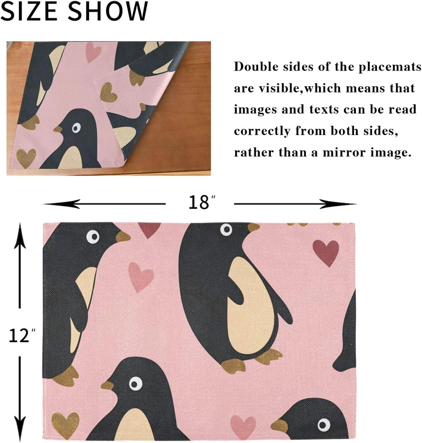 Penguin Peach Valentine's Day Gold Decorative placemats and napkins for dining table rustic plate mats accesorios para mesa de comedor set of 6 12x18