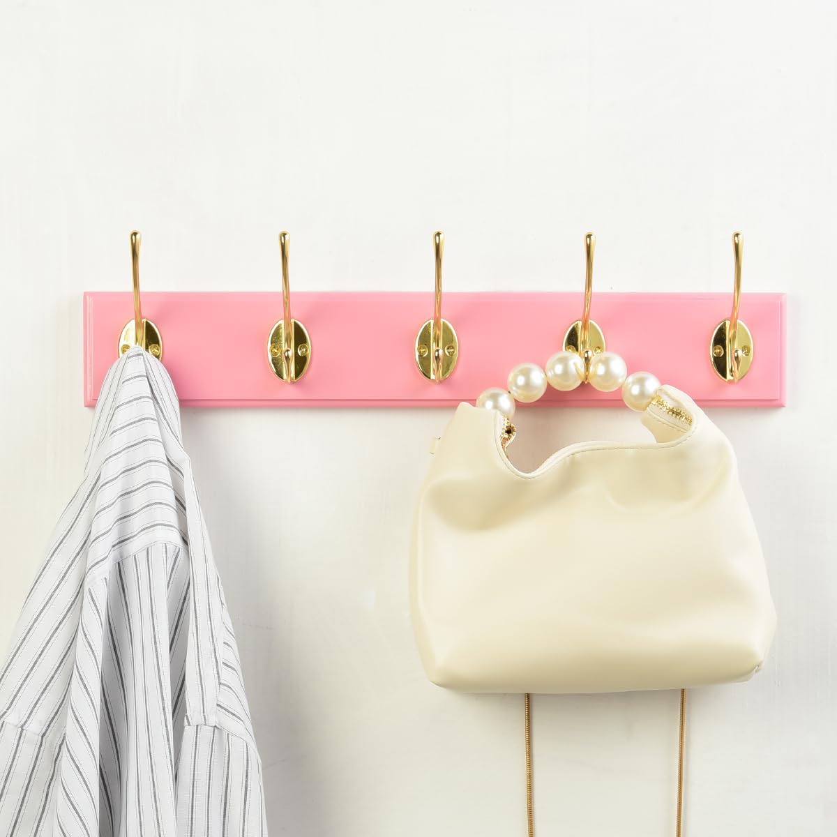 Wall Mount Bamboo Coat Rack, 17 Inch 5 Double Hooks, Pink and Gold
