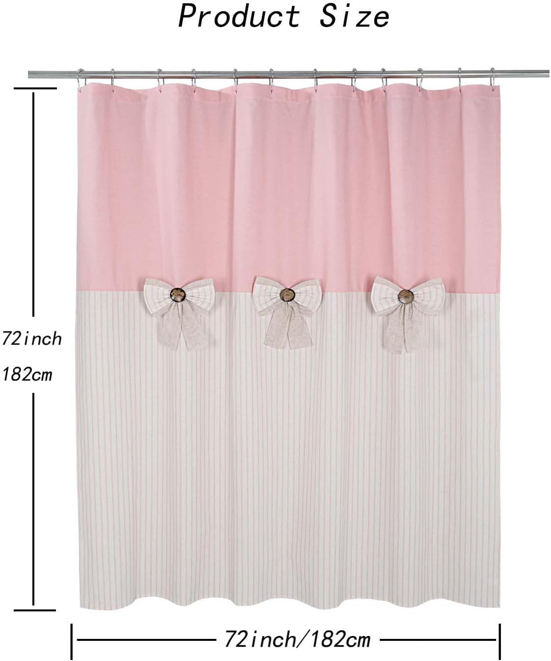 Farmhouse Pink Shower Curtain, Bowknot, Cotton Blend Fabric, Pleated Pink Stripe, Country Style, 72x72 in, Bathroom